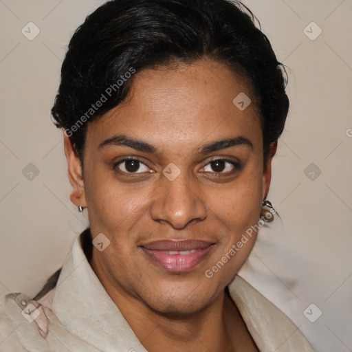 Joyful latino young-adult female with short  brown hair and brown eyes