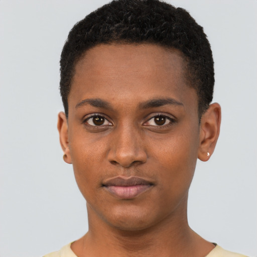 Neutral black young-adult male with short  brown hair and brown eyes