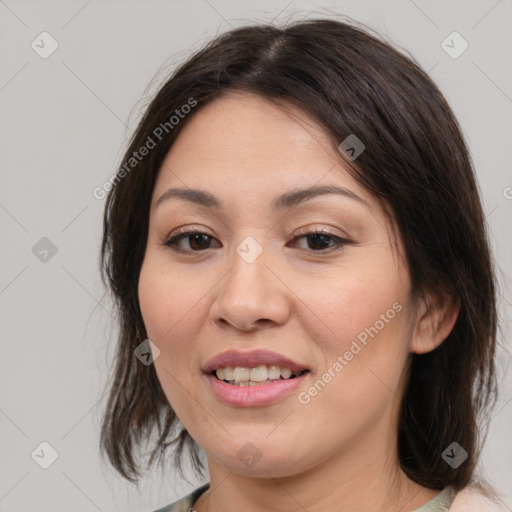 Joyful white young-adult female with medium  brown hair and brown eyes