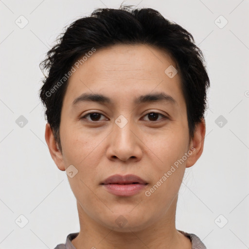 Neutral asian young-adult male with short  black hair and brown eyes