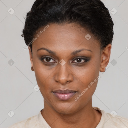 Neutral black young-adult female with short  brown hair and brown eyes