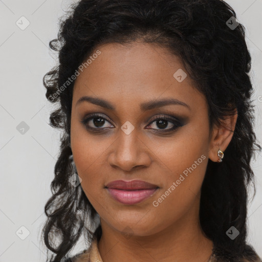 Joyful black young-adult female with long  brown hair and brown eyes