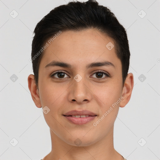 Joyful white young-adult female with short  brown hair and brown eyes