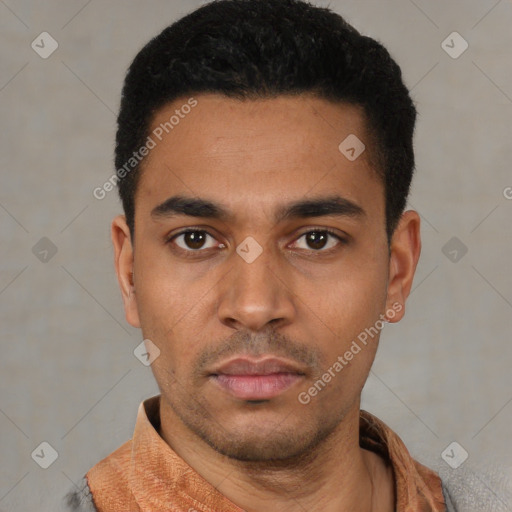 Neutral latino young-adult male with short  black hair and brown eyes