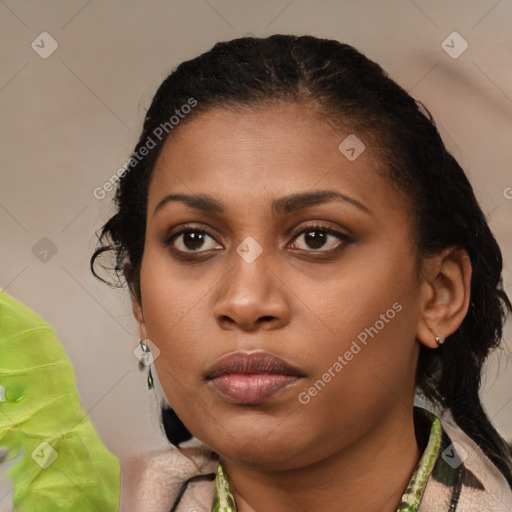 Neutral black young-adult female with medium  black hair and brown eyes