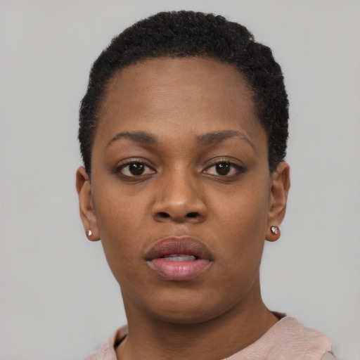 Neutral black young-adult female with short  black hair and brown eyes