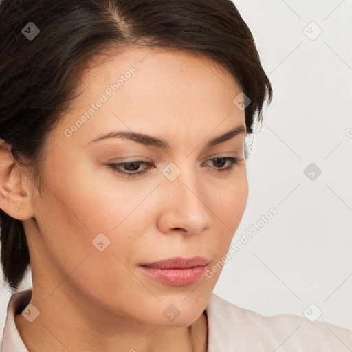 Neutral white young-adult female with medium  brown hair and brown eyes