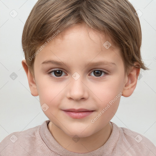 Joyful white child female with short  brown hair and brown eyes