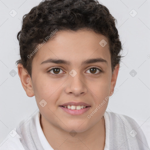 Joyful white child female with short  brown hair and brown eyes