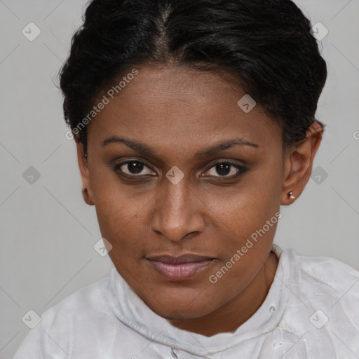 Joyful black young-adult female with short  brown hair and brown eyes