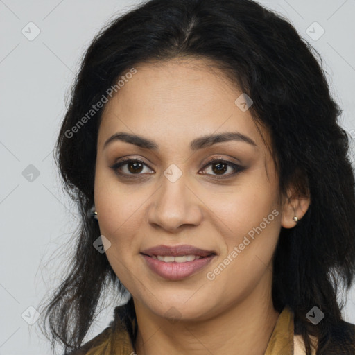 Joyful latino young-adult female with long  brown hair and brown eyes