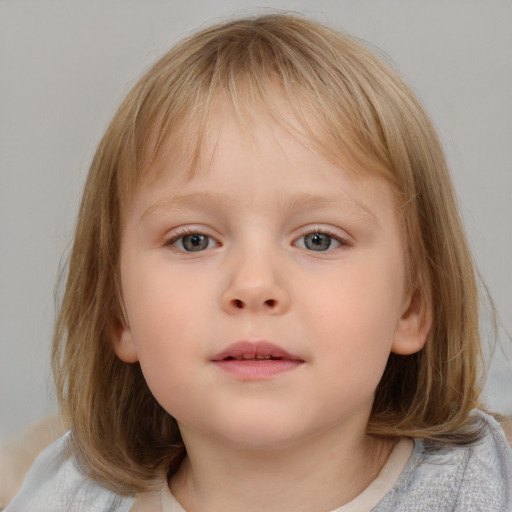 Neutral white child female with medium  brown hair and blue eyes