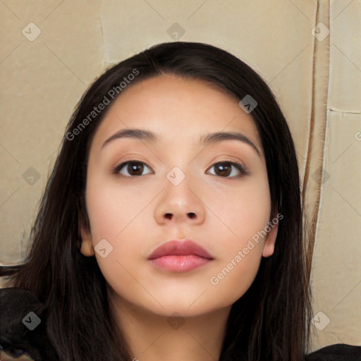 Neutral asian young-adult female with long  black hair and brown eyes