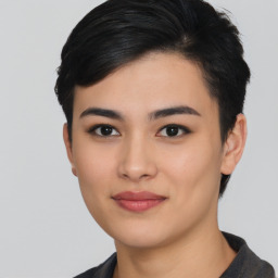 Joyful asian young-adult female with short  black hair and brown eyes