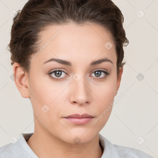 Neutral white young-adult female with short  brown hair and brown eyes