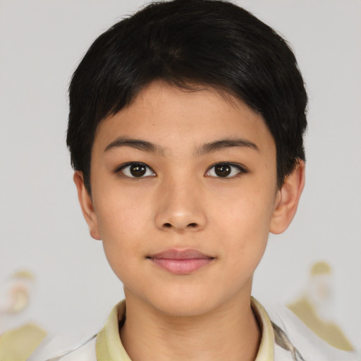 Neutral asian young-adult female with short  brown hair and brown eyes