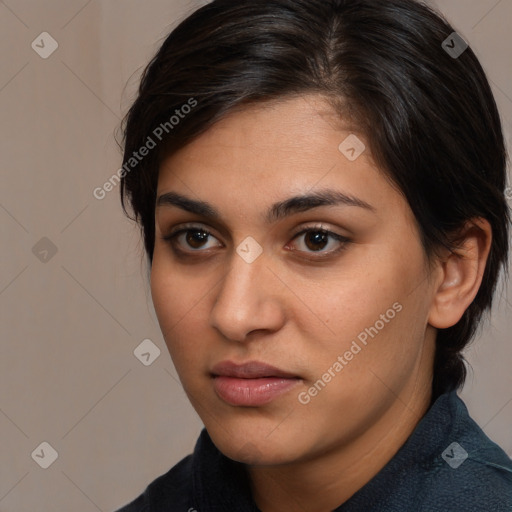 Neutral white young-adult female with medium  brown hair and brown eyes