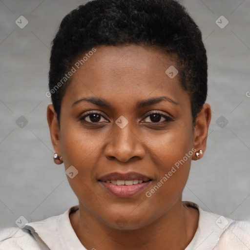 Joyful black young-adult female with short  black hair and brown eyes