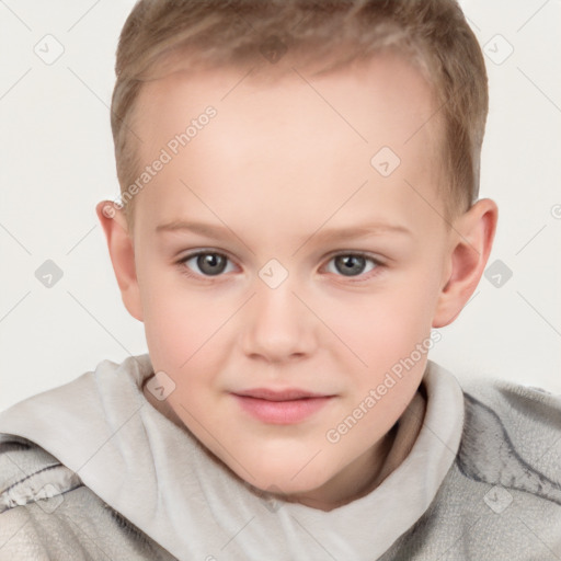 Joyful white child female with short  brown hair and grey eyes