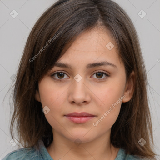 Neutral white young-adult female with medium  brown hair and brown eyes