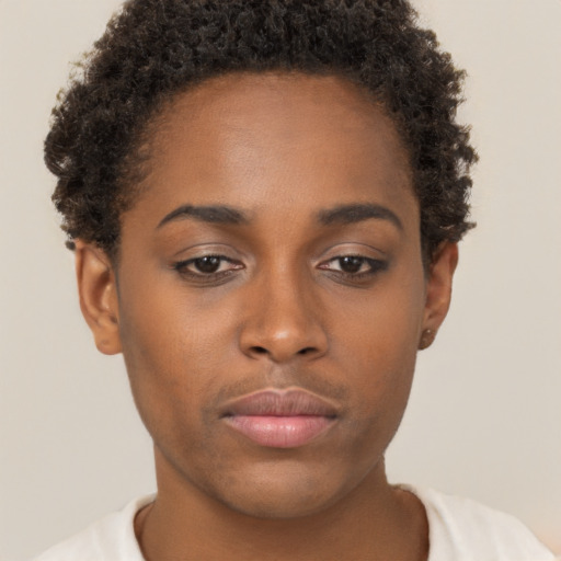 Neutral black young-adult female with short  brown hair and brown eyes