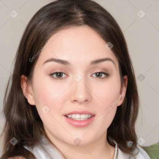 Neutral white young-adult female with medium  brown hair and brown eyes