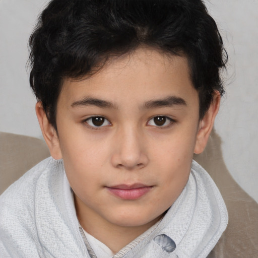 Joyful white child female with short  brown hair and brown eyes