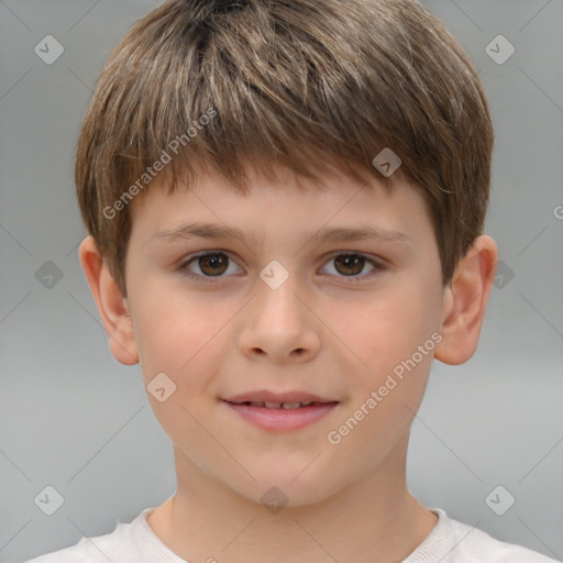 Joyful white child male with short  brown hair and brown eyes