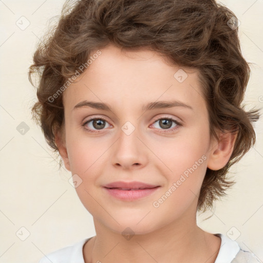 Joyful white child female with medium  brown hair and brown eyes