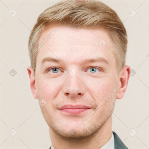 Joyful white adult male with short  brown hair and grey eyes