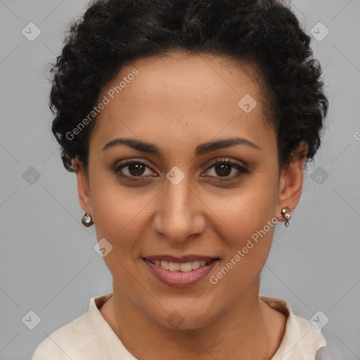 Joyful latino young-adult female with short  brown hair and brown eyes