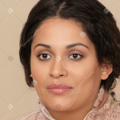 Joyful latino young-adult female with medium  brown hair and brown eyes