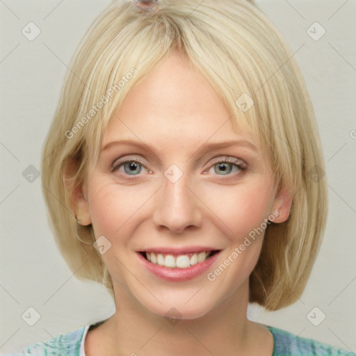 Joyful white young-adult female with medium  blond hair and blue eyes