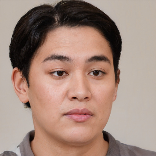 Neutral asian young-adult male with short  brown hair and brown eyes