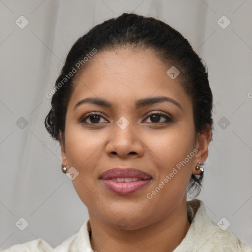 Joyful latino young-adult female with short  brown hair and brown eyes