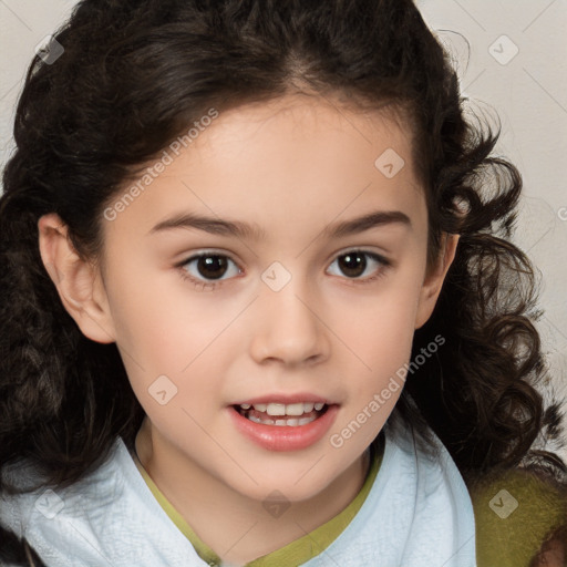 Joyful white child female with medium  brown hair and brown eyes