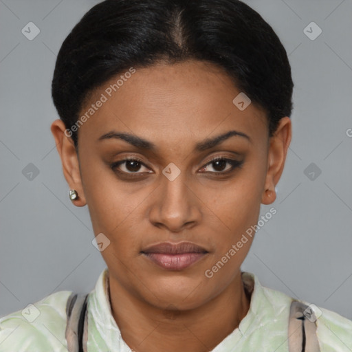 Joyful latino young-adult female with short  black hair and brown eyes