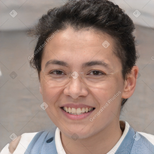 Joyful white adult female with short  brown hair and brown eyes