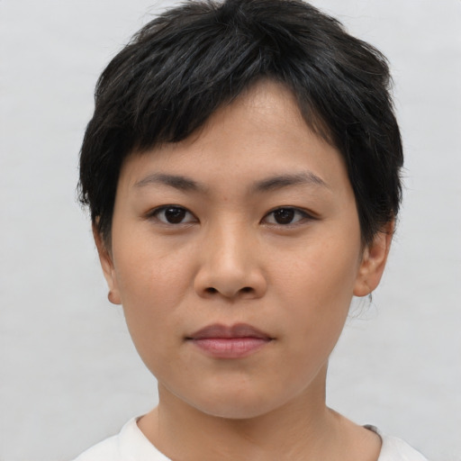 Neutral asian young-adult female with short  brown hair and brown eyes