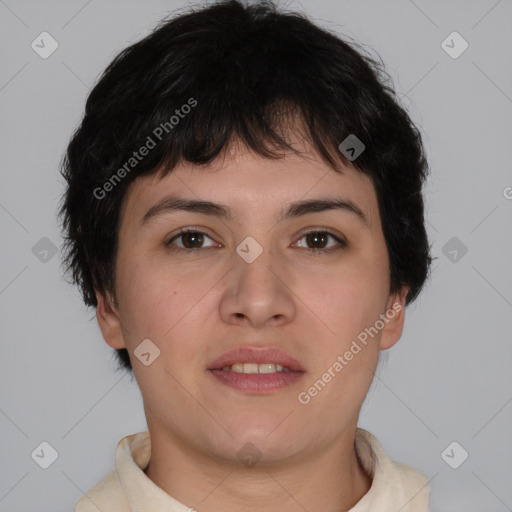 Neutral white young-adult female with short  brown hair and brown eyes