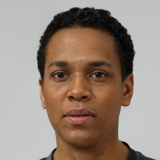 Neutral black adult male with short  black hair and brown eyes