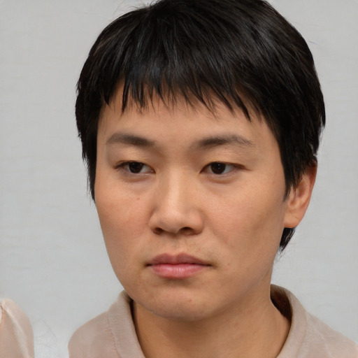 Neutral asian young-adult male with short  brown hair and brown eyes