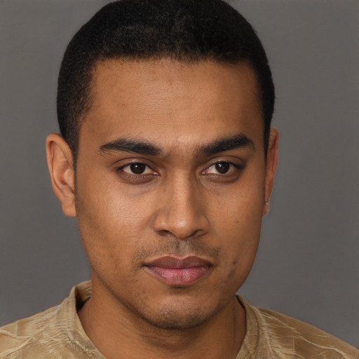 Neutral black young-adult male with short  brown hair and brown eyes