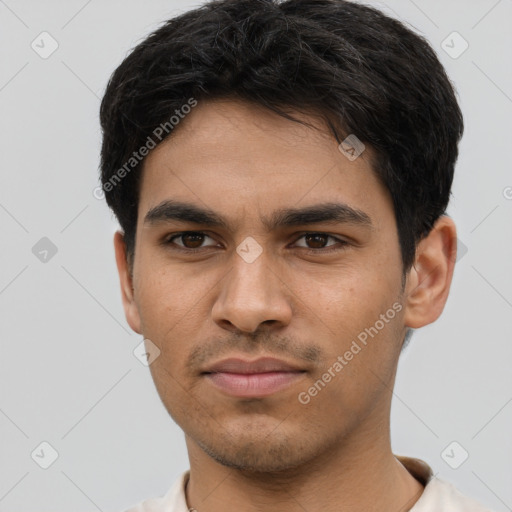 Neutral asian young-adult male with short  brown hair and brown eyes