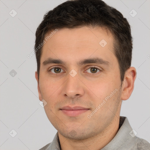 Neutral white young-adult male with short  brown hair and brown eyes