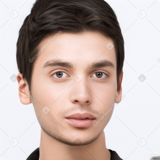 Neutral white young-adult male with short  brown hair and brown eyes