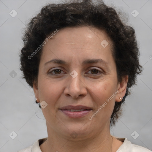 Joyful white adult female with short  brown hair and brown eyes