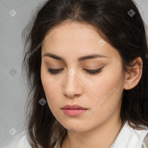 Neutral asian young-adult female with long  brown hair and brown eyes