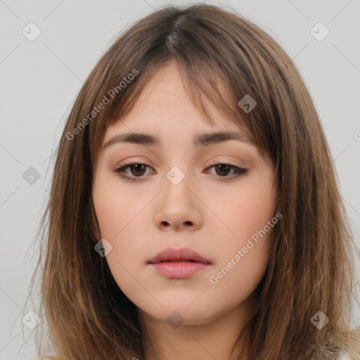 Neutral white young-adult female with long  brown hair and brown eyes