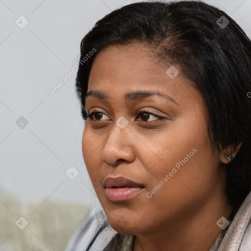 Joyful asian young-adult female with short  black hair and brown eyes